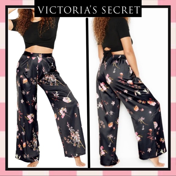 Victoria’s Secret Small Lounge Pajama Pant Vibrant Multicolor Flowers on Black - Picture 1 of 6